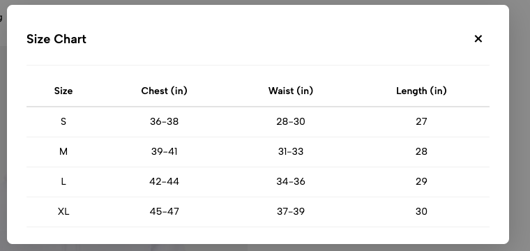 The size chart opened as a pop-up on the live product page, showing the Size / Chest / Waist / Length table for S, M, L and XL
