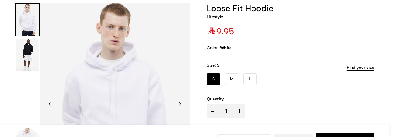 The live product page for the Loose Fit Hoodie showing the price, the Color: White label, a Size picker with S selected and M and L available, a Find your size link, and a quantity stepper