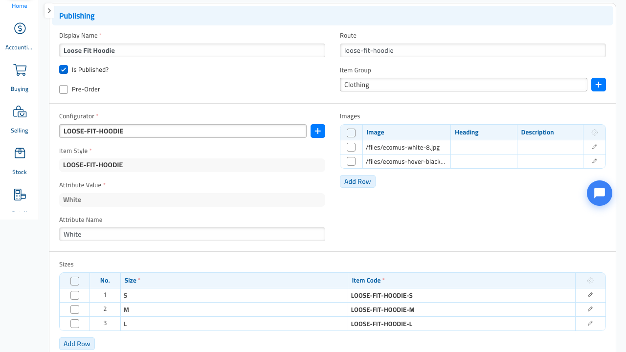 The Style Attribute Variant form for the White hoodie: the Publishing area with Display Name, Route, Item Group and the ticked Is Published checkbox; the Configurator and Attribute Value fields; an Images table; and a Sizes table listing S, M and L against their item codes