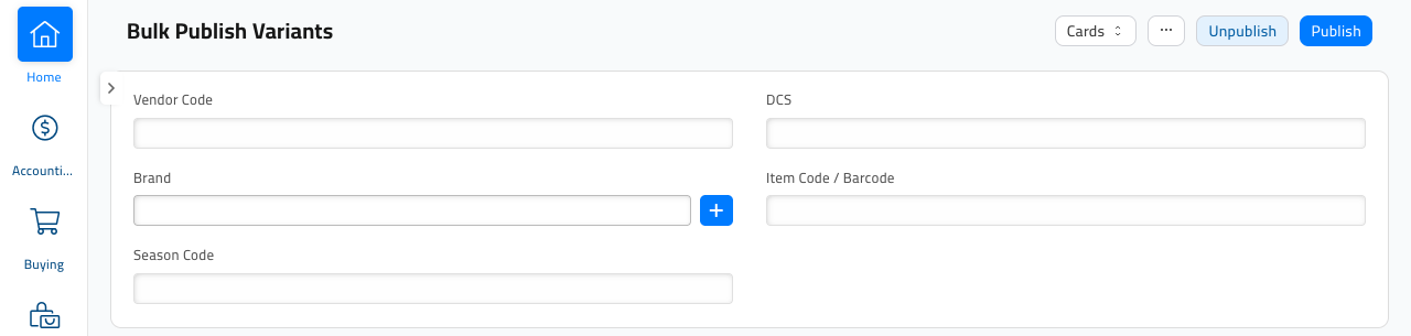 The Bulk Publish Variants screen with Unpublish and Publish buttons at the top right, and filter fields for Vendor Code, DCS, Brand, Item Code / Barcode and Season Code