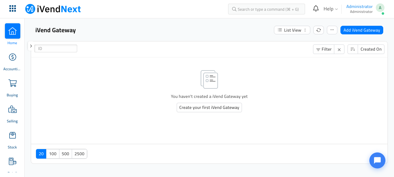The iVend Gateway list on a new store, empty, with a 