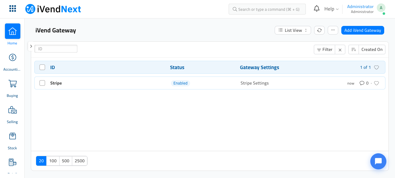 The iVend Gateway list with one row: Stripe, Status Enabled, Gateway Settings Stripe Settings