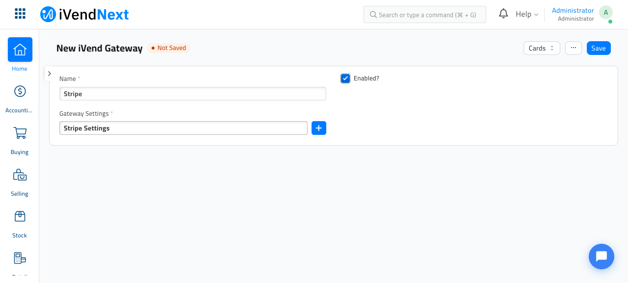 The New iVend Gateway form with Name set to Stripe, Gateway Settings set to Stripe Settings, and the Enabled? box ticked