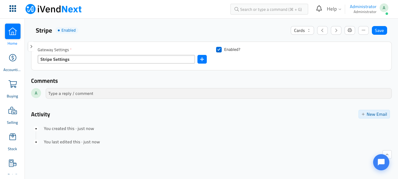 The saved Stripe iVend Gateway record showing an Enabled status pill next to the title and a 