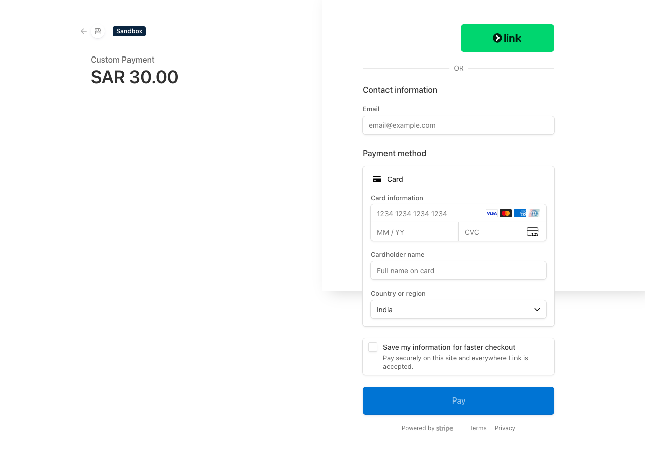 Stripe's secure hosted payment page showing the order amount, a card details form with card number, expiry and CVC fields, and a Pay button, marked 