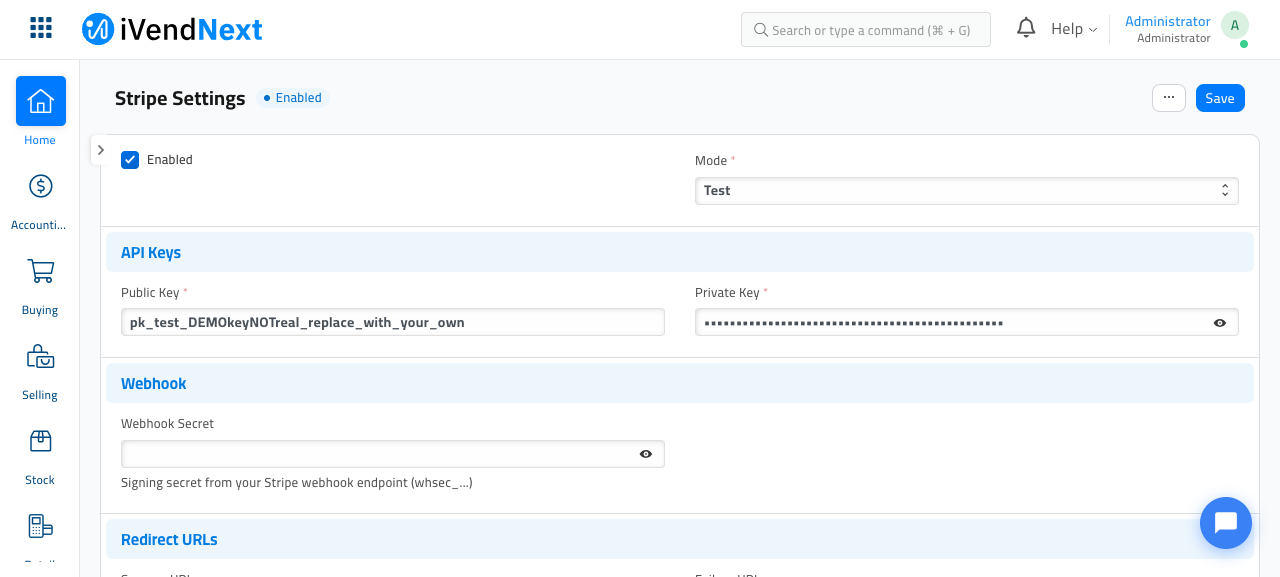 The Stripe Settings form with Enabled ticked, Mode set to Test, a placeholder Public Key, a masked Private Key, and Webhook and Redirect URL sections below