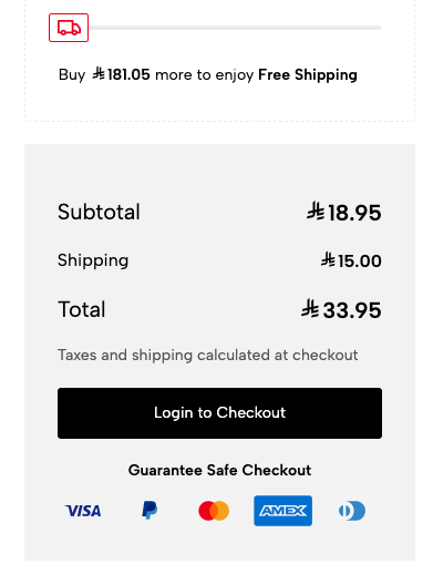 The Shopping Cart totals panel showing a free-shipping progress bar (