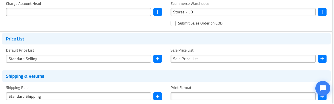 The Details tab of Lifestyle Settings showing the Ecommerce Warehouse field set to Stores - LD, the Price List section with Default Price List 