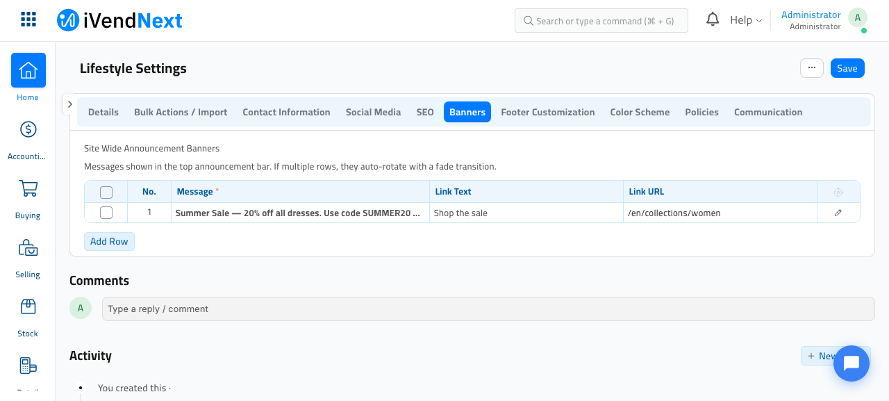 The Banners tab of the Lifestyle Settings page. A table titled 