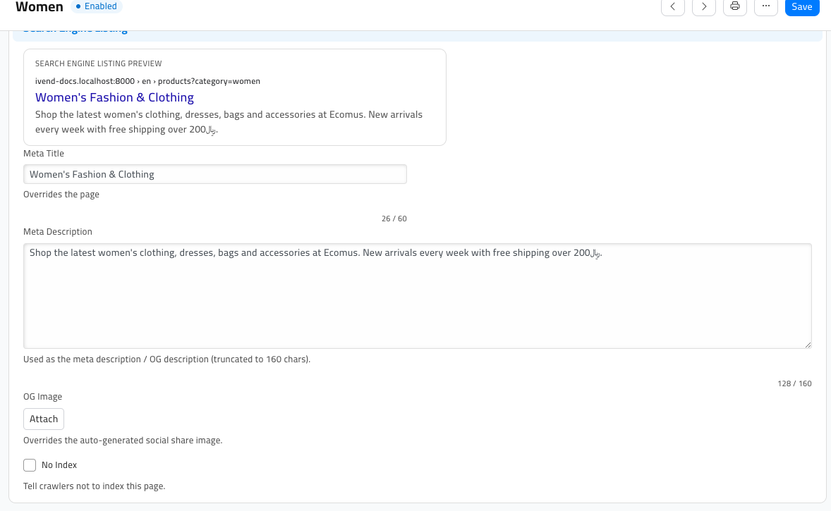 The Search Engine Listing section of the 