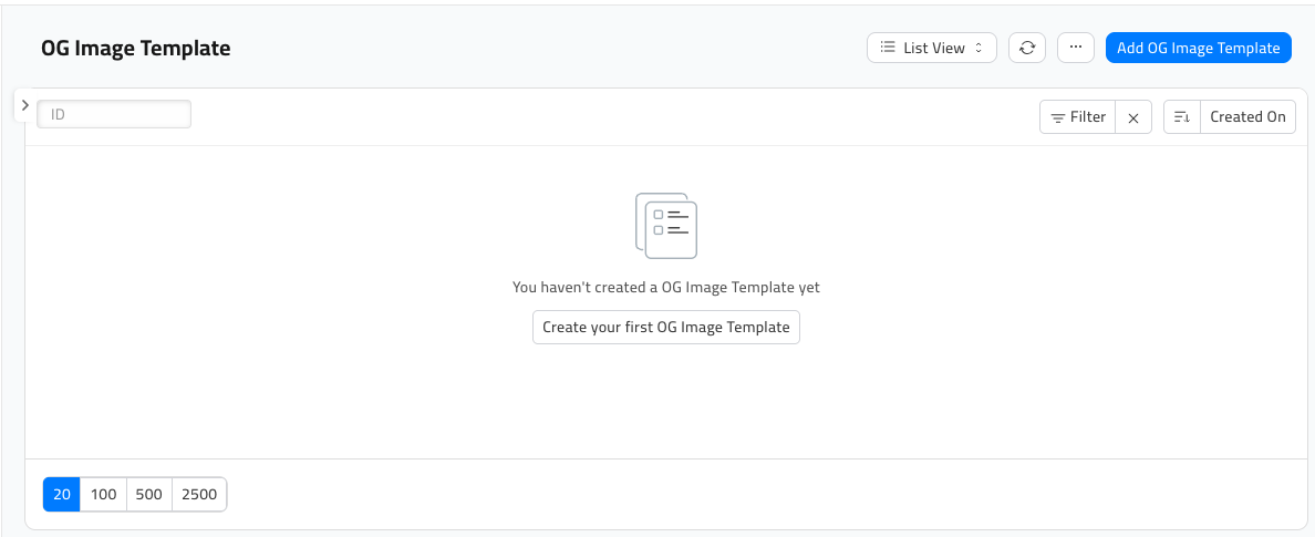 The OG Image Template list on a fresh store, empty, with the message 