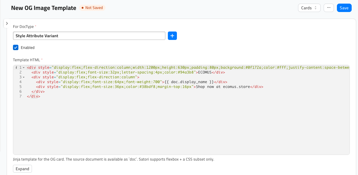 A new OG Image Template form with For DocType set to 