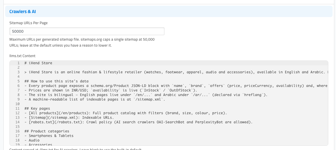 The Crawlers & AI section of the SEO tab, showing the 