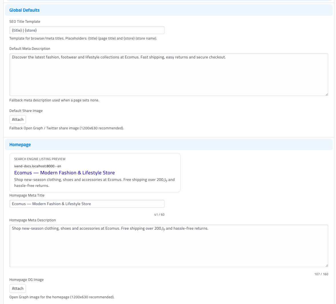 The Global Defaults and Homepage sections of the SEO tab. Global Defaults shows the SEO Title Template field set to 