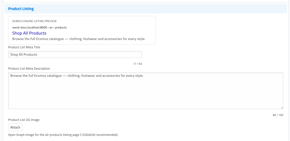 The Product Listing section of the SEO tab, showing its live Search Engine Listing Preview with the blue title 