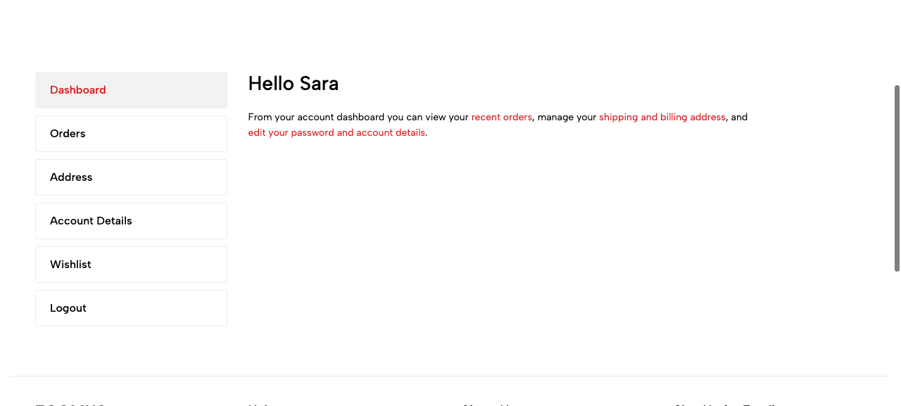 The My Account dashboard for a shopper named Sara, greeting 
