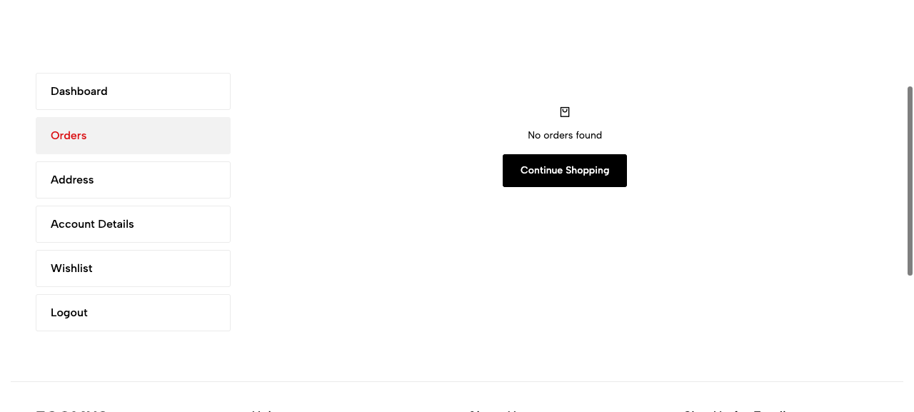 The Orders page for a shopper with no orders yet, showing a bag icon, the message 