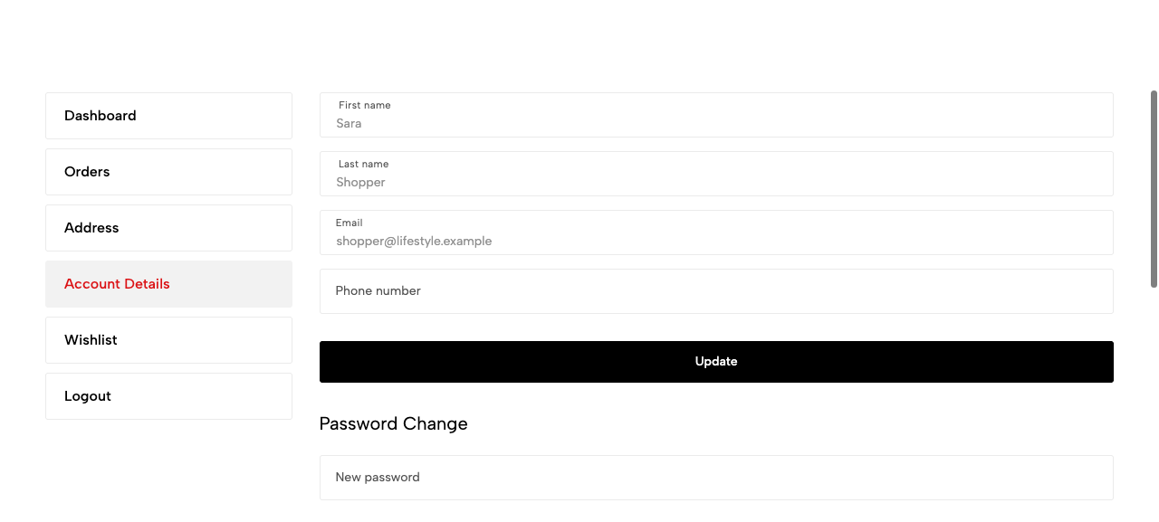 The Account Details page with First name 