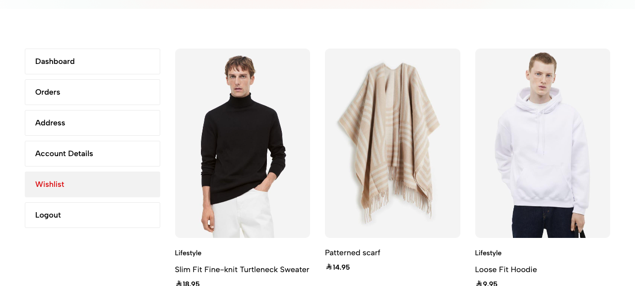 The Wishlist page showing three saved products with images and prices — a Slim Fit Fine-knit Turtleneck Sweater at 18.95, a Patterned scarf at 14.95, and a Loose Fit Hoodie at 9.95 — each as a product card