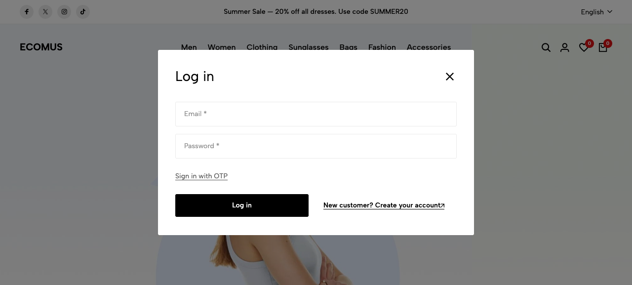 The storefront Log in window, opened from the header person icon, showing Email and Password fields, a 
