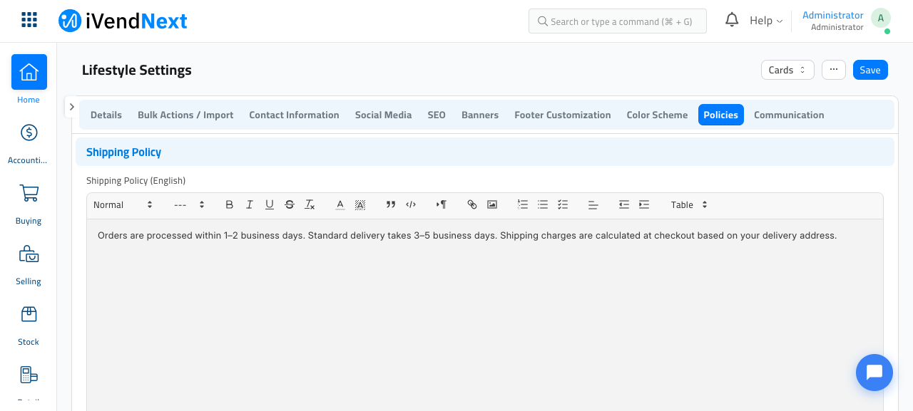 The Policies tab of Lifestyle Settings, showing a rich-text 