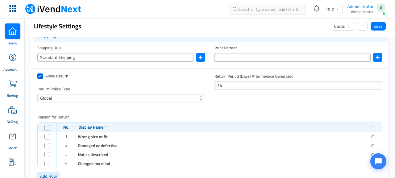 The Shipping & Returns area of Lifestyle Settings, with 
