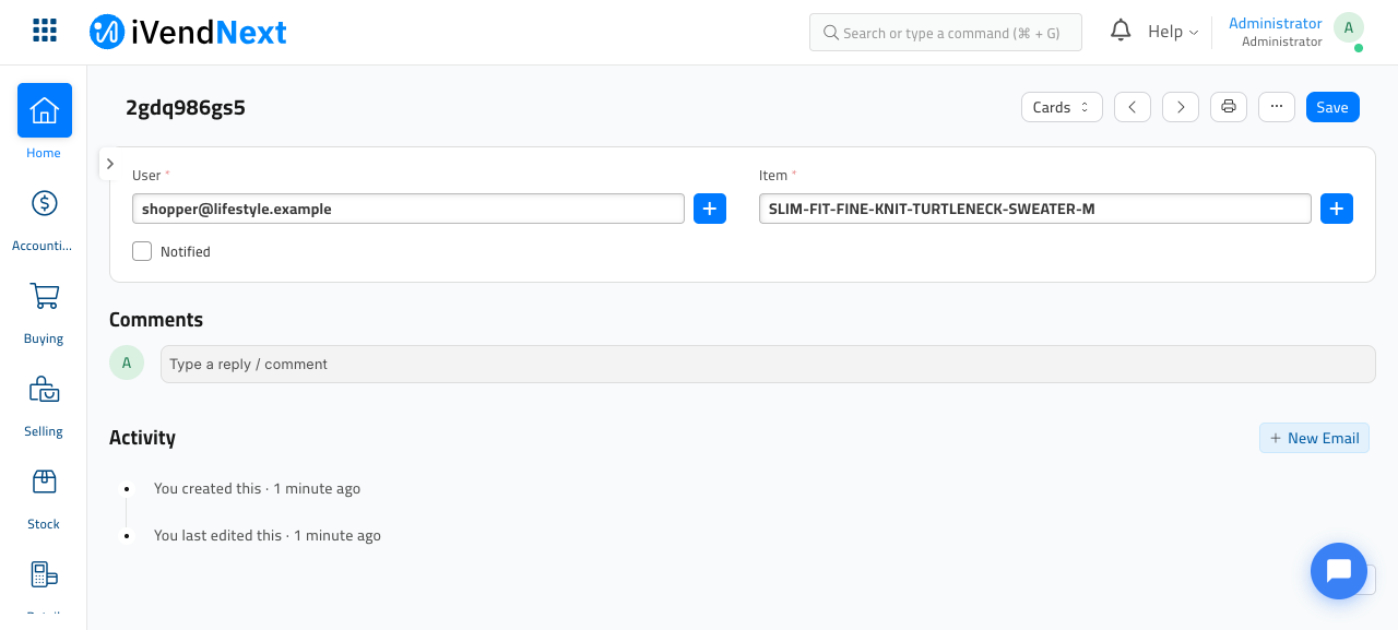 An OOS Notify Subscription record, showing the User, the Item (a turtleneck sweater size M), and an unticked Notified checkbox