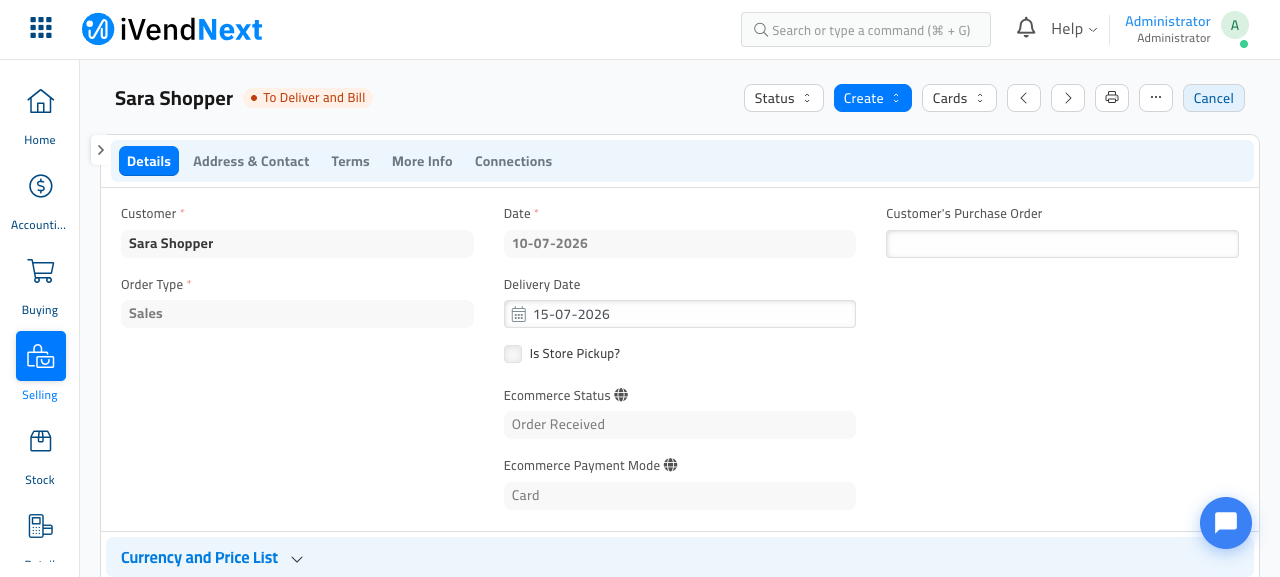 A Sales Order opened on its Details tab, showing Customer 