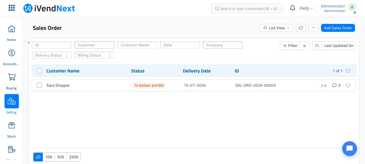 The Sales Order list in the admin, showing one order for the customer Sara Shopper with the status 