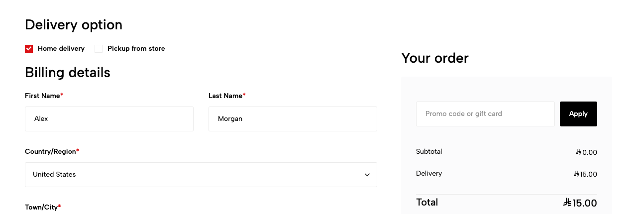 The storefront checkout page: a Delivery option with Home delivery selected, a Billing details form filled with a shopper's name and country, and a 
