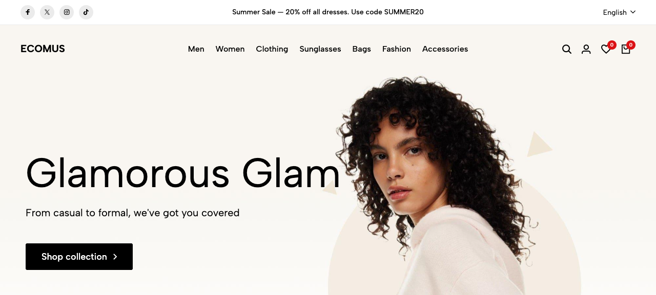 The storefront home page on the Ecomus theme: a top announcement bar reading 