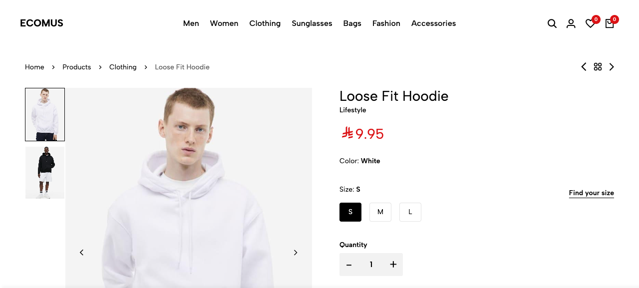 The Loose Fit Hoodie product page: breadcrumb Home › Products › Clothing › Loose Fit Hoodie, product image gallery on the left, and on the right the title, 