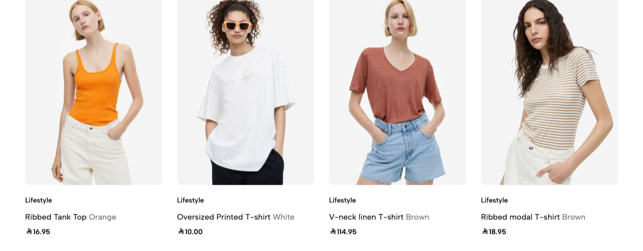A row of four product cards on the storefront home page — Ribbed Tank Top (Orange) at 16.95, Oversized Printed T-shirt (White) at 10.00, V-neck linen T-shirt (Brown) at 114.95 and Ribbed modal T-shirt (Brown) at 18.95 — each with a product photo, the Lifestyle category label above its name and a real price