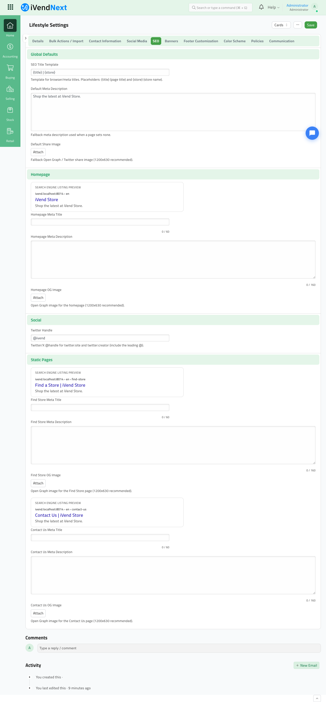 Lifestyle Settings — SEO tab