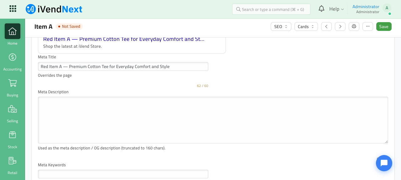 Search Engine Listing editor on a Style Attribute Variant