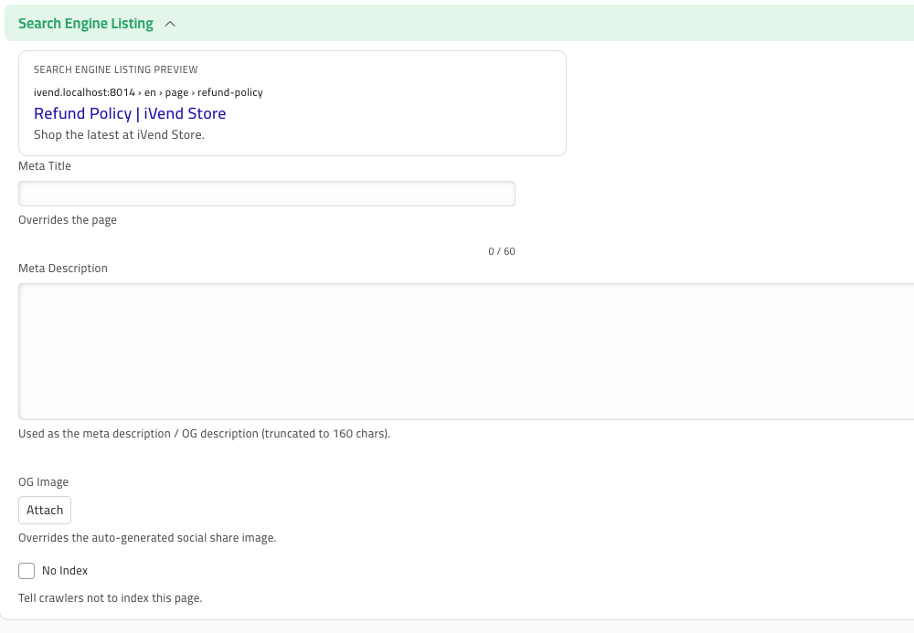 Shop Web Page — SEO section