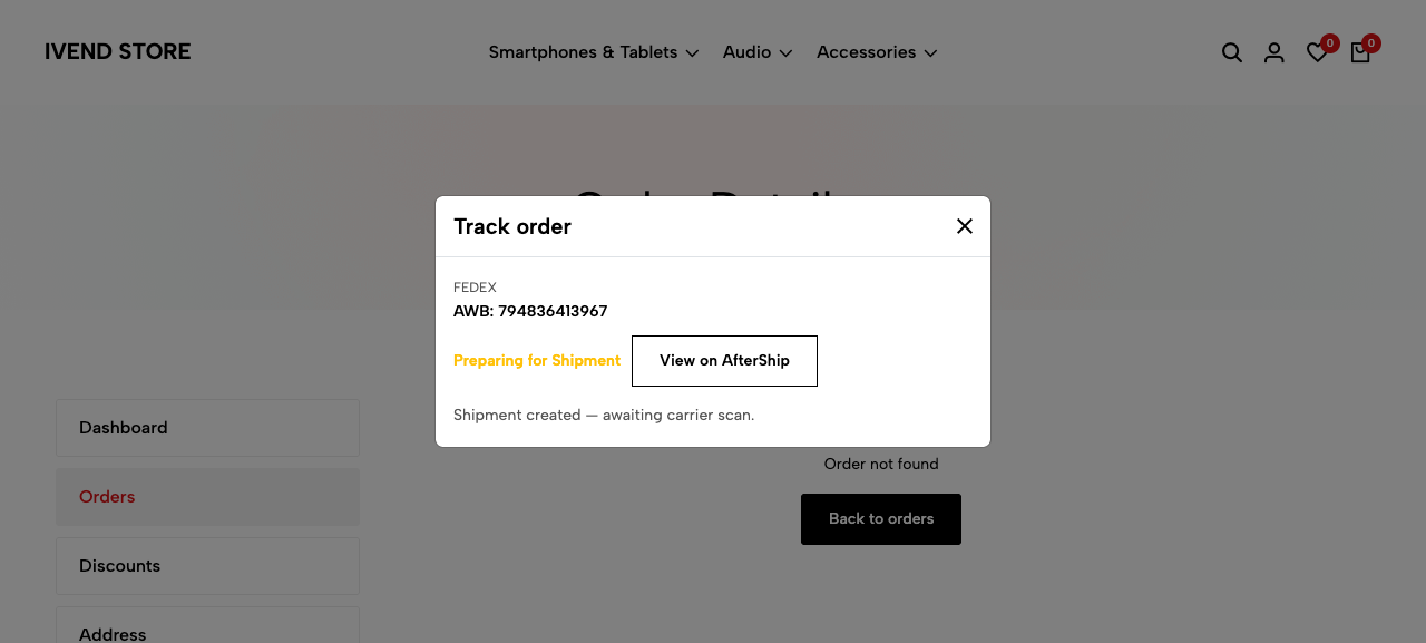 Customer Track Order modal with the View on AfterShip link